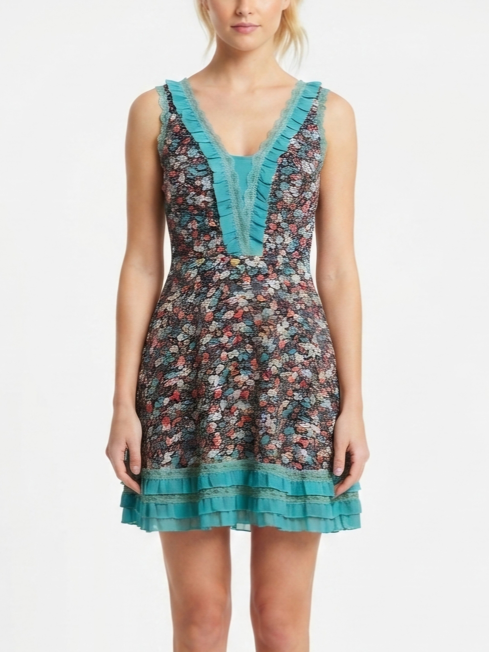 Floral Mini Dress Size M Teal Trim Summer Green Brown Lightweight Cottagecore